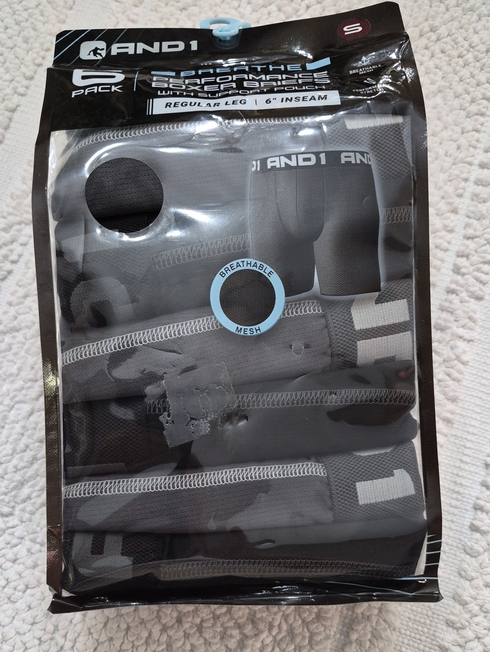 AND1 Black and Gray Mesh Performance Stretch Boxer Briefs Small 6" Inseam 6 Pack